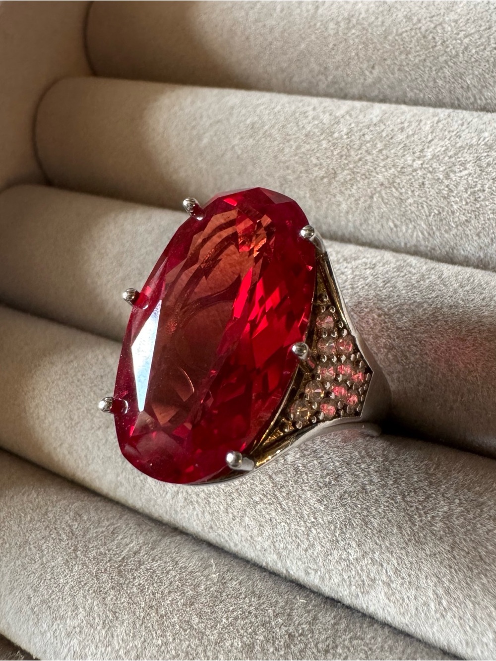DK 925 Sterling Silver Huge Red Simulated Ruby Statement Ring Size 8